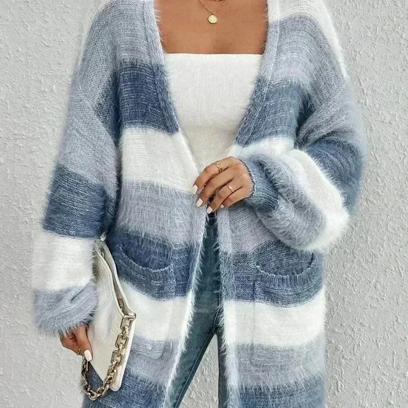 Multicolor Casual Women's Colorblock Drop Shoulder Fluffy Knit Duster Cardigan - Picture 5 of 7